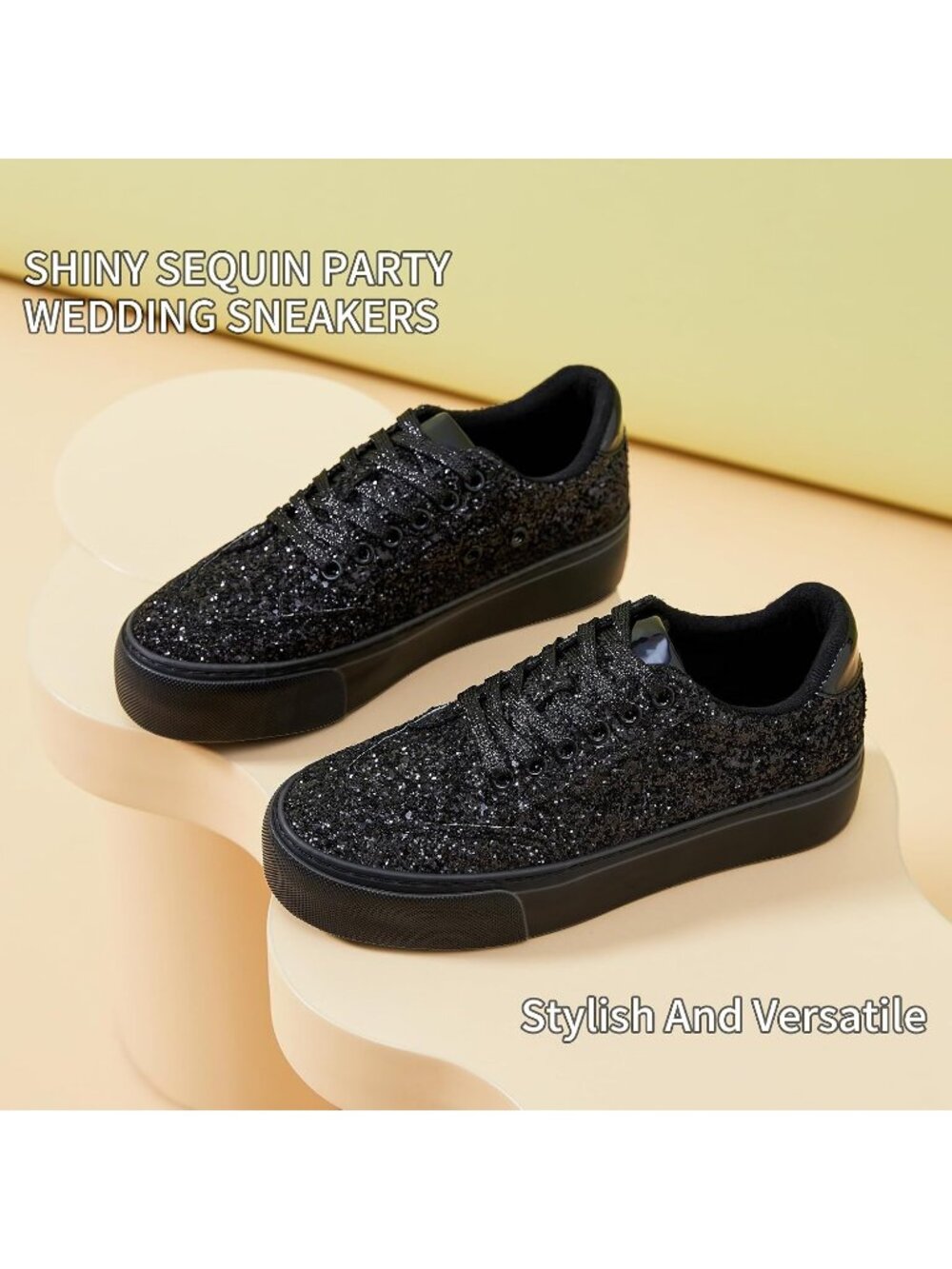 Women's Black Glitter Casual Sequin Sparkly Bling Thick Sole Walking Sneakers - Picture 6 of 6